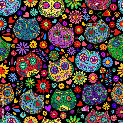 Day of the Dead skulls pattern. Mexican dead Cat. Dia de los muertos print. Day of the dead and Mexican tradition festival. Day of the dead sugar skull isolated. Dia de los Muertos tattoo skulls.