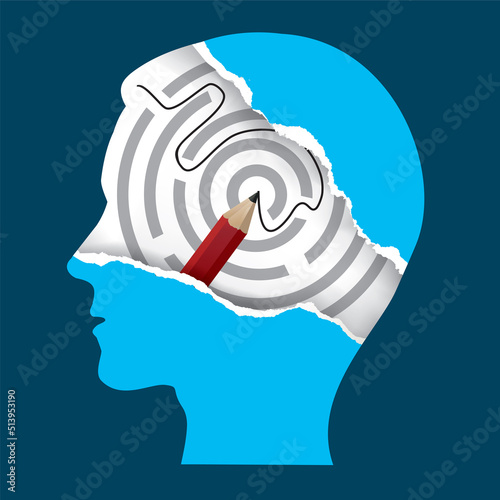 Man head silhouette and solved labyrinth, smart solution concept. 
Illustration of Stylized torn paper head silhouette with solved  maze and pencil . Vector available.