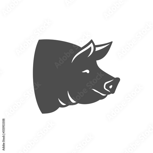 Monochrome pig head black silhouette side view vintage icon vector farm animal market butchery