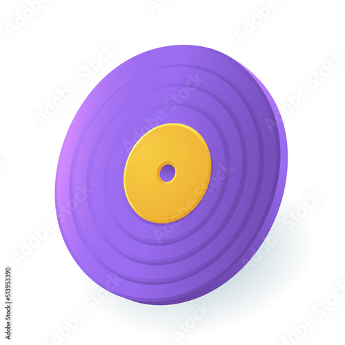 Purple vinyl record to play music 3D icon. Old LP disc for audio player and vintage gramophone, modern disk for turntable DJ mixer 3D vector illustration on white background. Disco, sound concept