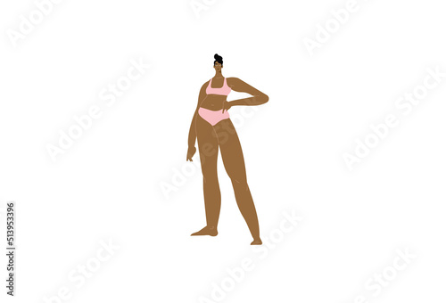 Woman in underwear with slightly fat body type. Chubby female in bikini with little overweight. Happy confident curvy person in lingerie. Flat vector illustration isolated on white background