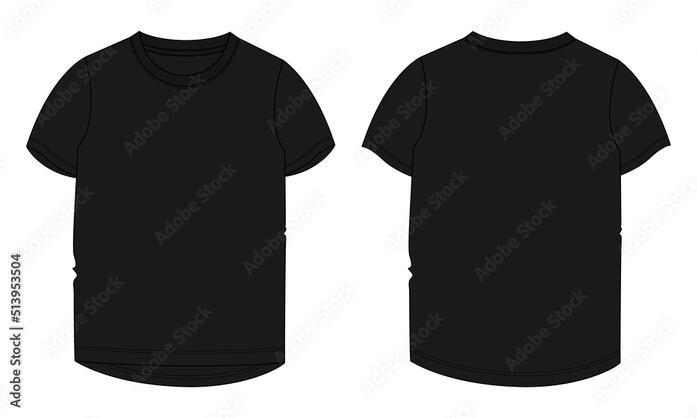 Short sleeve T-shirt Technical fashion flat sketch vector illustration black color template for Women's and Girls. Vector art illustration Clothing mock up front, back view. Easy Edit customizable Short sleeve T-shirt Technical fashion flat sketch vector illustration black color template for Women's and Girls. Vector art illustration Clothing mock up front, back view. Easy Edit customizable