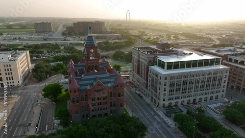 Dallas County Courthouse, Old Red Museum in Dallas Texas. Aerial during sunset. photo
