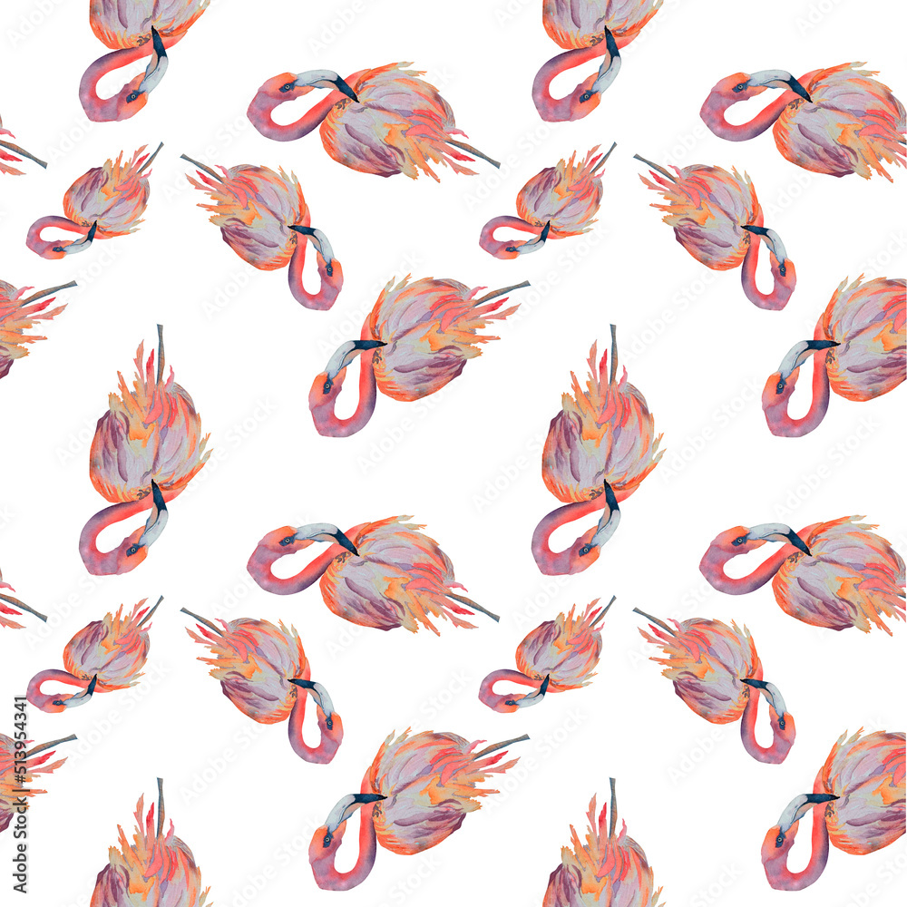 Flamingo exotic bird watercolor illustration seamless pattern on white.