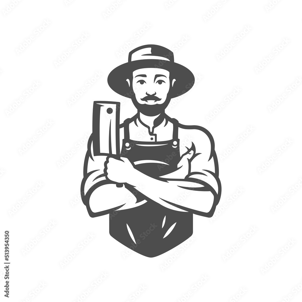 Male butcher kitchen axe agriculture farm ecology meat production monochrome vintage icon vector