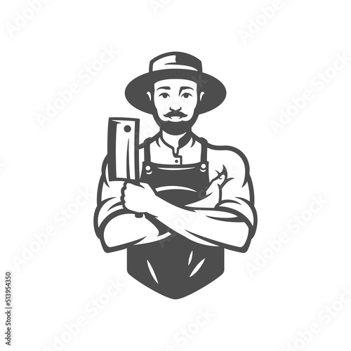 Male butcher kitchen axe agriculture farm ecology meat production monochrome vintage icon vector