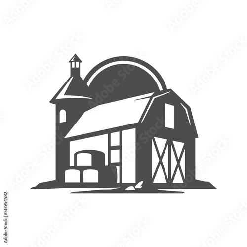 Agricultural house ranch barn farm animals livestock cattle monochrome vintage isometric icon vector