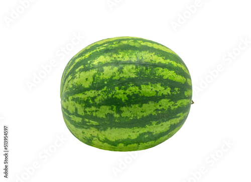 The whole body of fresh watermelon, side view, isolated the whole watermelon on white background.