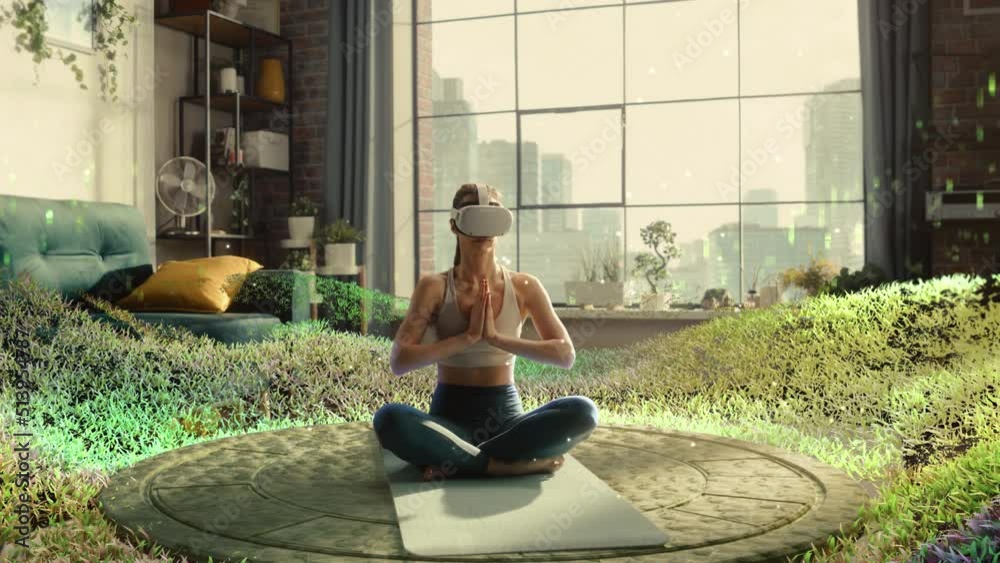 Young Athletic Woman Wearing Virtual Reality Headset, Practising Meditation in Modern Futuristic Way. She Sees Beautiful Idyllic Forest, Singing Birds and Peaceful Nature. Technology and Mindfulness.