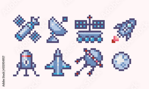 Satellite, rocket pixel art set. Spaceship, spacecraft collection. 8 bit sprite. Game development, mobile app.  Isolated vector illustration.