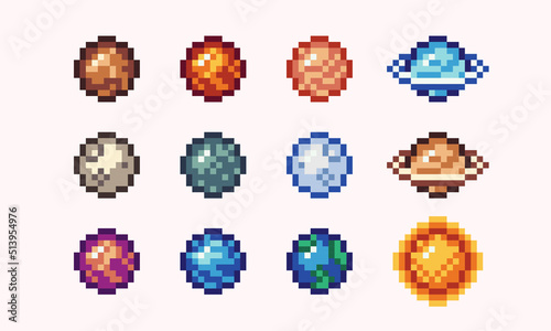Planets of Solar system pixel art icon set. Astronomical observatory logo collection. 8-bit sprite. Game development, mobile app. Isolated vector illustration.