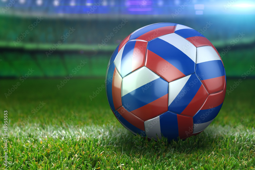 Fototapeta premium Russian Soccer Ball on Stadium Green Grasses at Night