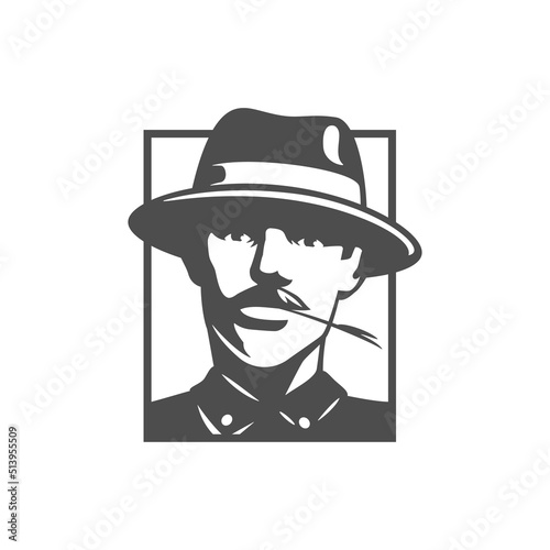 Agricultural farmer man with straw in mouth monochrome logo vintage vector illustration