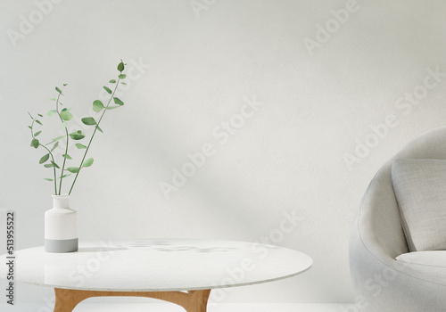 3D Render Background with marble table with wood legs and grey fabric sofa chair with white clean concrete wall and eucalyptus plant in white ceramic vase.Empty desk for product presentation branding.
