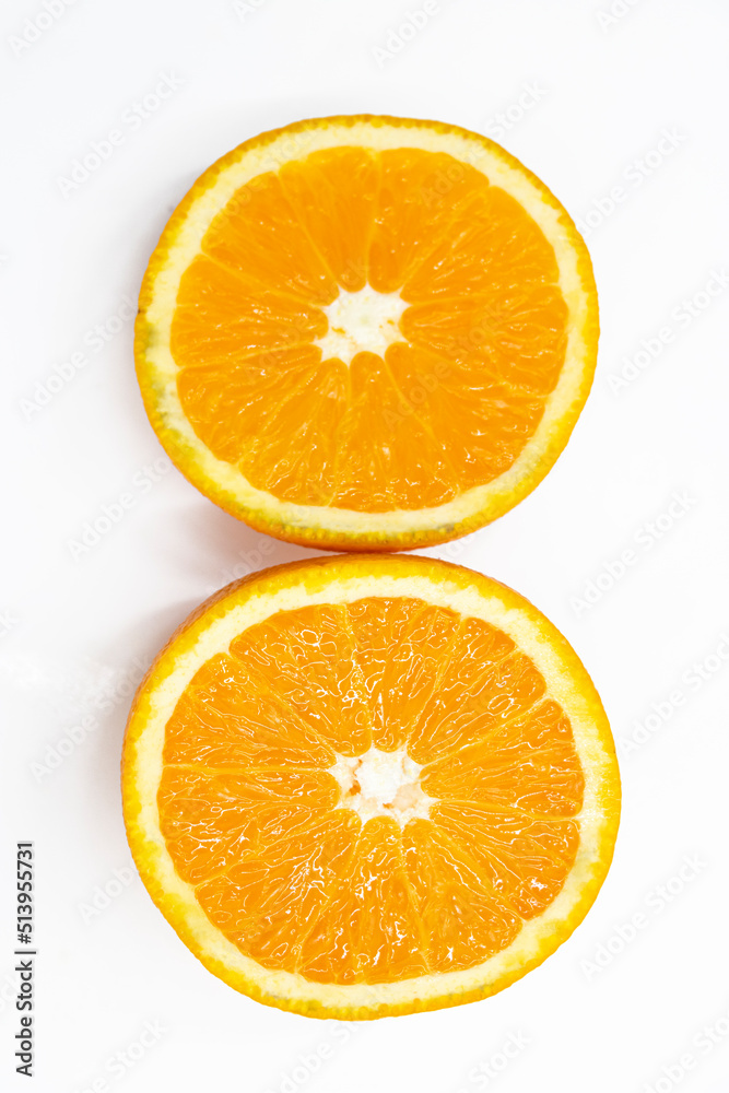orange fruit slices isolated on white background.top view orange fruit slices isolated on white background.top view