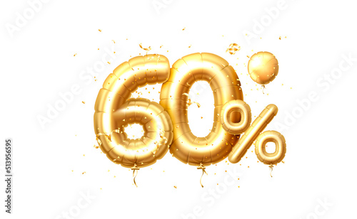 60 Off balloons, discount sale, balloon in the form of a digit, golden confetti. Vector