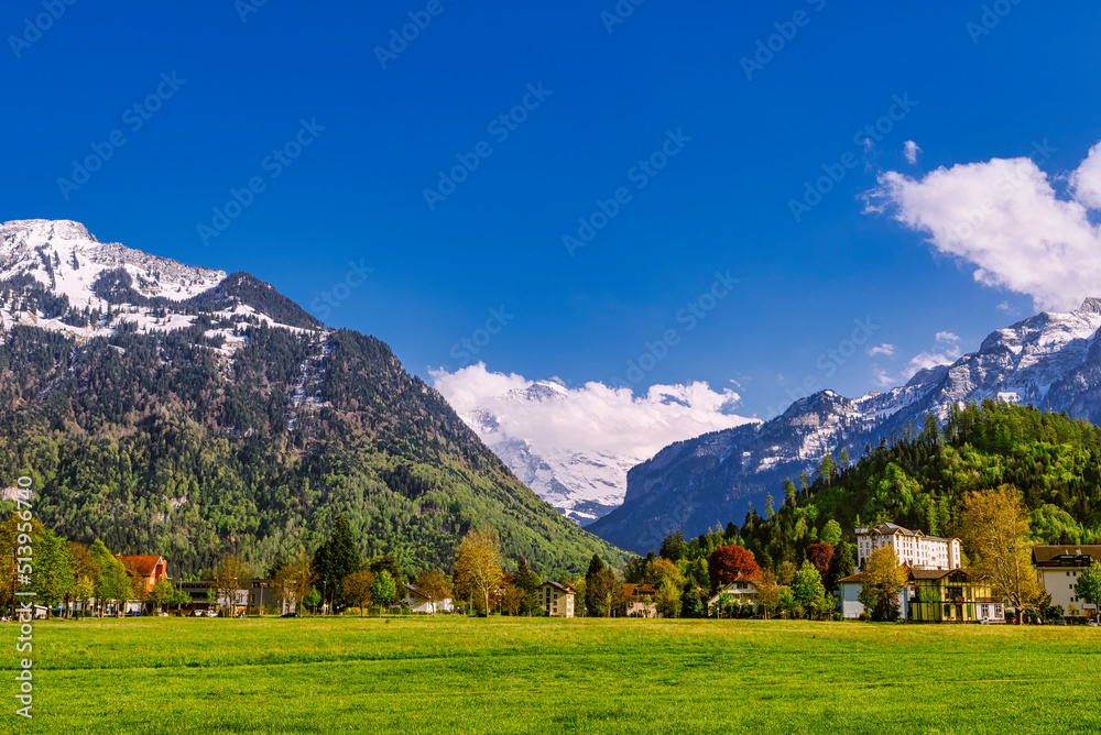 Spring Landscape in Interlaken, Switzerland, where Jungfrau is seen