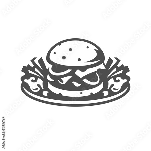 Cheeseburger with french fries on serving plate fast food combo restaurant menu vintage icon vector