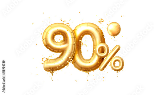 90 Off balloons, discount sale, balloon in the form of a digit, golden confetti. Vector