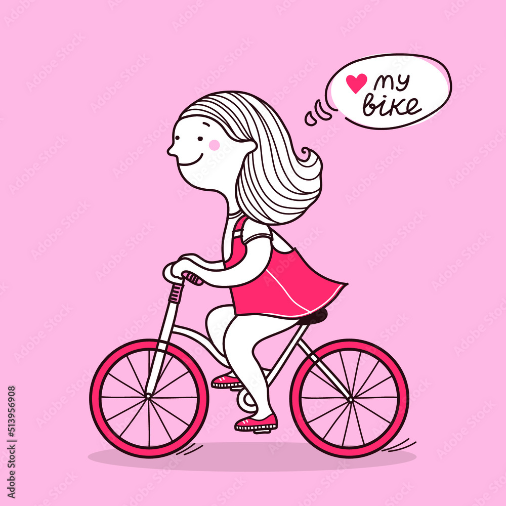 Young woman riding a bike. Vector cute girl on bike pink greeting card background for text Young woman riding a bike. Vector cute girl on bike pink greeting card background for text