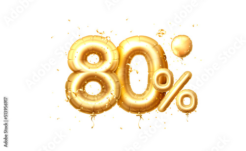 80 Off balloons, discount sale, balloon in the form of a digit, golden confetti. Vector photo