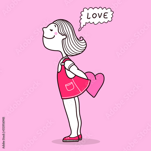Young woman fall in love. Vector hand drawn pink card illustration with teenager girl and pink heart love greeting card 