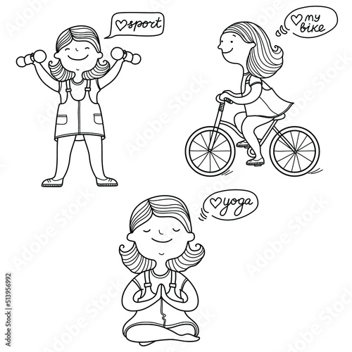 Set of young girls daily activities Vector hand drawn healthy lifestyle  on white. Teenager girl cycling, do yoga and do sport isolated on white