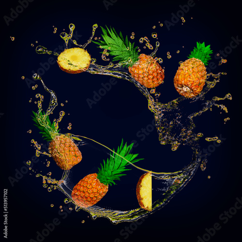 Fototapeta Naklejka Na Ścianę i Meble -  Juicy delicious pineapple with splashes of juice background for designers