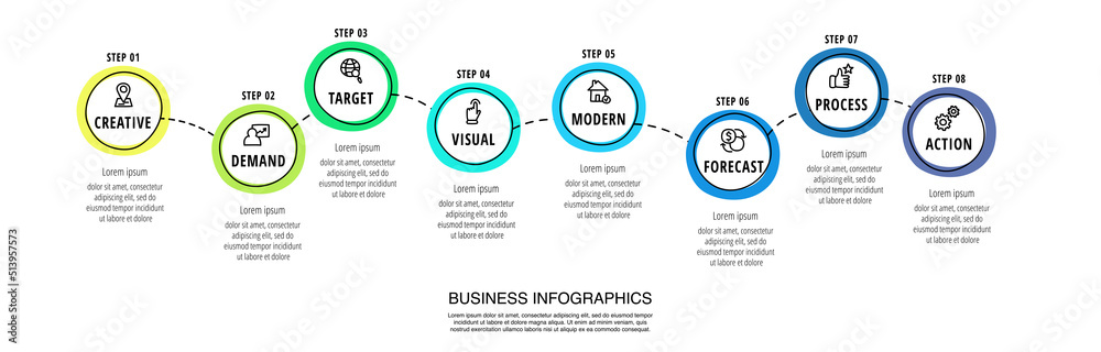 Business vector infographics with eight circles. Hand drawn timeline visualization with 8 steps for diagram, flowchart, banner, presentations, web, content, levels, chart, graphic