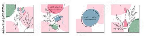 Set of design for nail studio or salon for social media posts and stories, mobile apps. Beautiful female hands with color samples nail polish. Vector illustrations