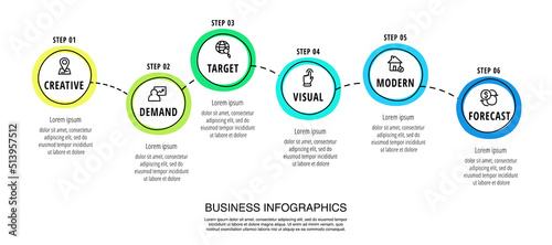 Business vector infographics with six circles. Hand drawn timeline visualization with 6 steps for diagram, flowchart, banner, presentations, web, content, levels, chart, graphic