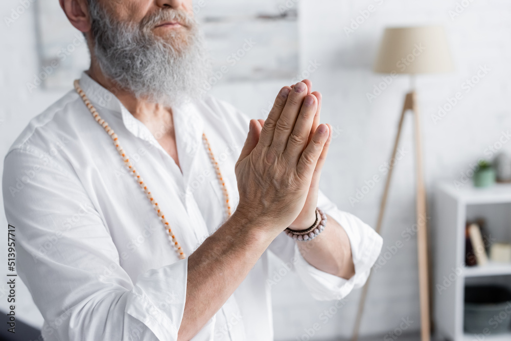Fototapeta premium partial view of senior man showing anjali mudra while meditating at home.
