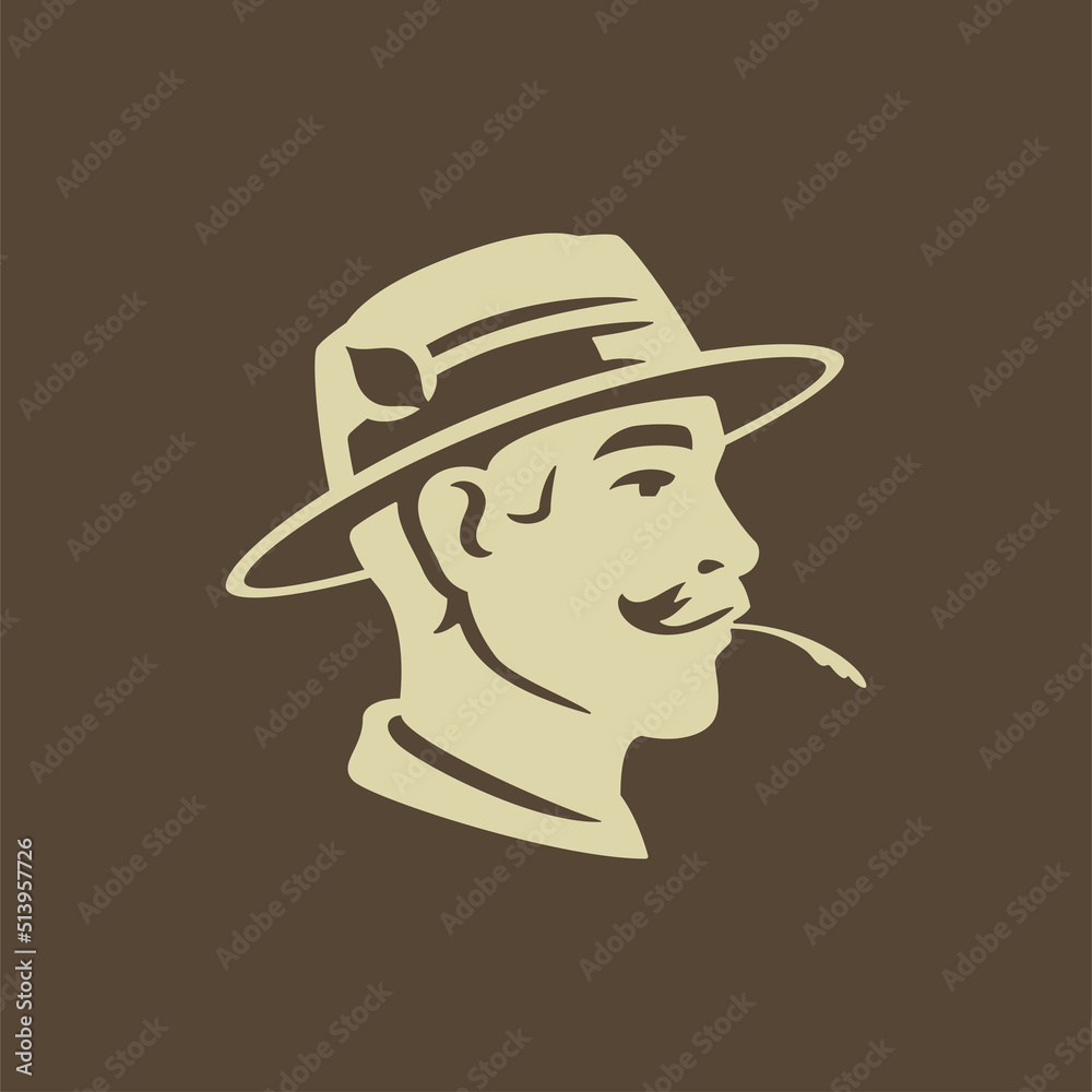 Male farmer with mustache holding straw in mouth head side view vintage icon vector illustration