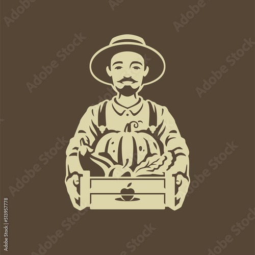 Male farmer seasonal vegetable harvest crate pumpkin eggplant lettuce vintage icon vector