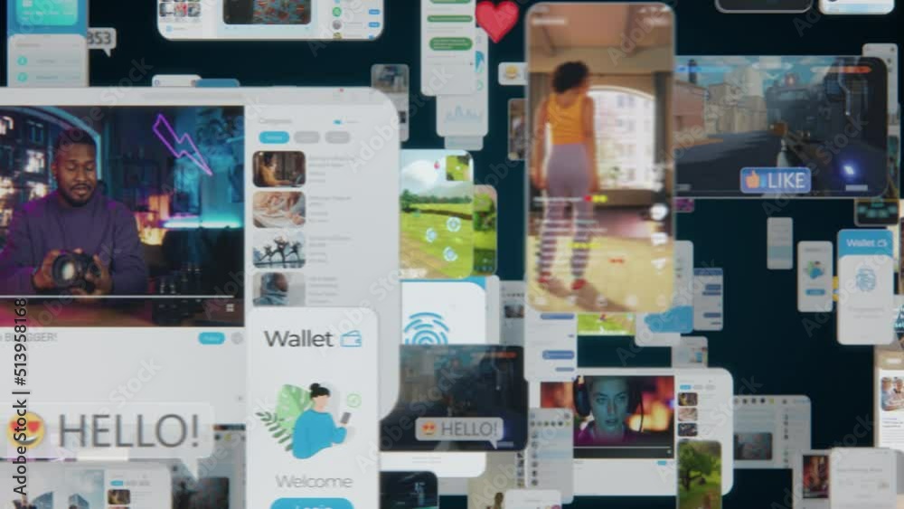 VFX Animated Background with Virtual Social Media Screens Interconnected by Internet Into Worldwide Web. Internet of Things Concept with Videos, Avatars, Profiles Flowing in Online Information Space.