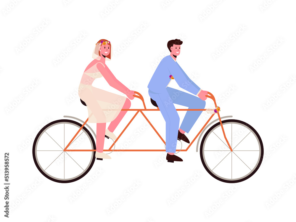 Double bike with the newlyweds. Married couple rides on the bycycle. Vector illustration Double bike with the newlyweds. Married couple rides on the bycycle. Vector illustration