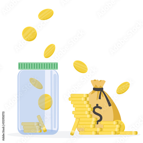 Saving money. Accumulation of money, piggy bank. Coins fall into a glass jar. Vector illustration in flat style