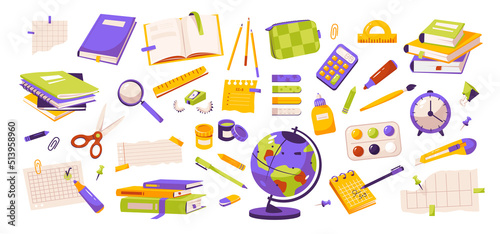 Office supplies. Stacks of books, notebooks, writing supplies for the office and school. Back to school. Flat vector illustration
