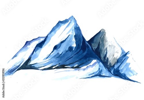 Modern hand draw landscape with blue mountain watercolor design
