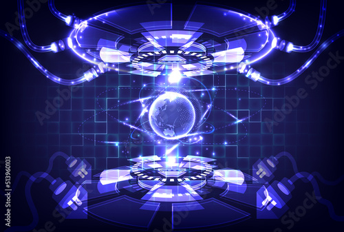 Lab or room for research. HUD tech interface. Stage for UI and GUI. Circle teleport podium. Portal hologram. Magic gate in game fantasy. Holographic globe on HUD circle. Display for product showing