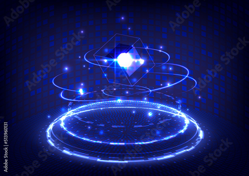 UI virtual reality. Portal and hologram science futuristic. Sci-fi digital stage in glowing HUD tech projector. Magic gate in game fantasy. Circle teleport podium. Aura stage for showing product
