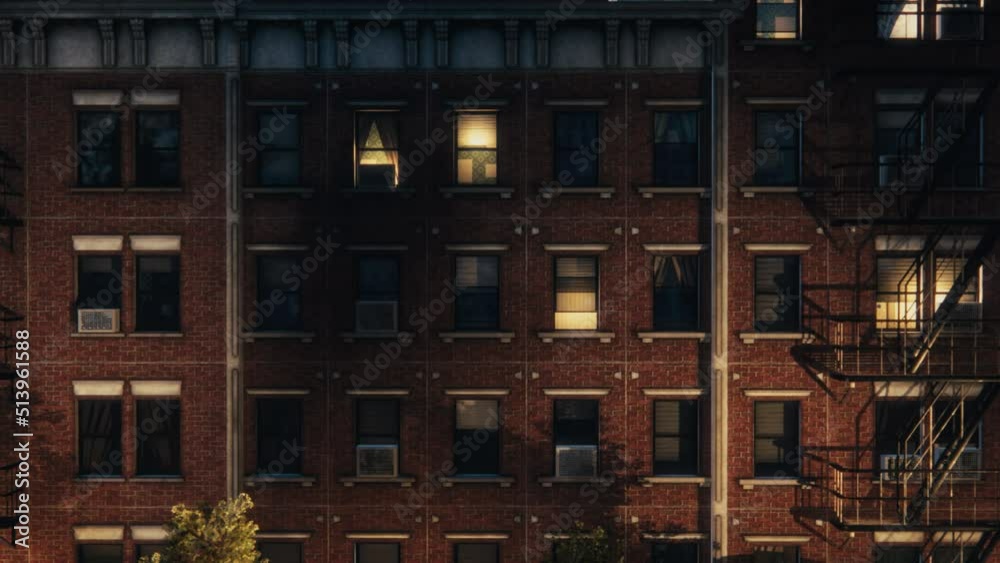 Establisher: Zoom In Shot on Apartment Window in 3D VFX Animated Brick Multi-Storey Building. Old Renovated Brownstone House. Evening Time Scene of a House with Emergency Stairs and Air Conditioning. Establisher: Zoom In Shot on Apartment Window in 3D VFX Animated Brick Multi-Storey Building. Old Renovated Brownstone House. Evening Time Scene of a House with Emergency Stairs and Air Conditioning.