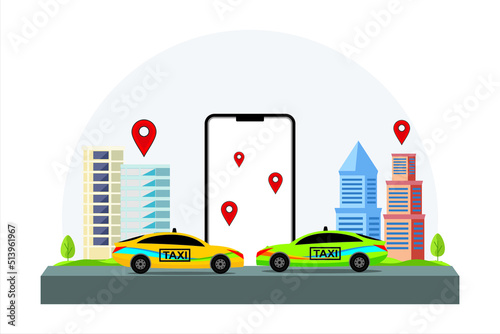 Yellow taxi. Automobile vehicle. Taxi e-commerce application. Illustration of passenger transport