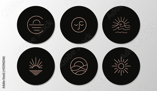 Summer badges with seashells, sun and palm tree in circles. Set of icons and emblems for social media news covers. Design templates for yoga studio, tourism, beauty salons