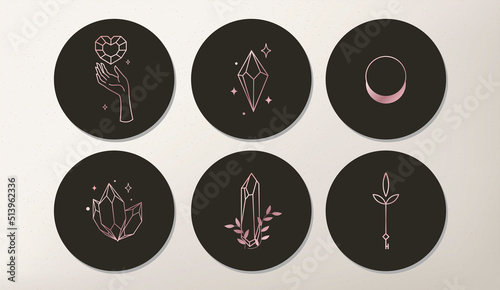 Set of icons and emblems for news covers of social networks with mystical elements of crystals. Design templates for yoga studio astrologer, tourism, beauty salons