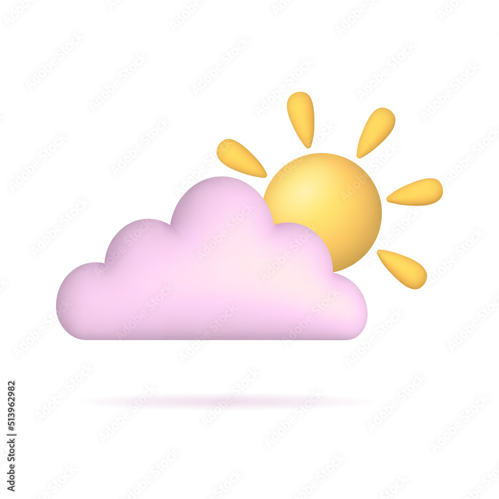 Pink cloud with yellow sun with rays. 3d icon isolated on white background. Weather icon, nature, space concept. Vector illustration Pink cloud with yellow sun with rays. 3d icon isolated on white background. Weather icon, nature, space concept. Vector illustration