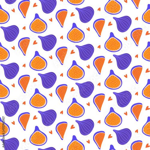 Seamless pattern with figs and hearts. Whole fig with half. Wallpaper, print, packaging, paper, textile design. Flat hand drawn vector illustration