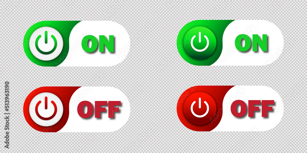 On and Off toggle switch buttons on a transparent background.. Colored buttons with lettering and shadows. Flat vector illustration. On and Off toggle switch buttons on a transparent background.. Colored buttons with lettering and shadows. Flat vector illustration.