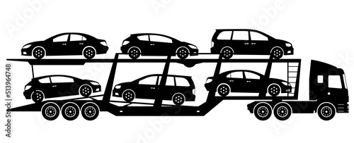 Car carrier truck silhouette on white background. Vehicle monochrome icons set view from side photo