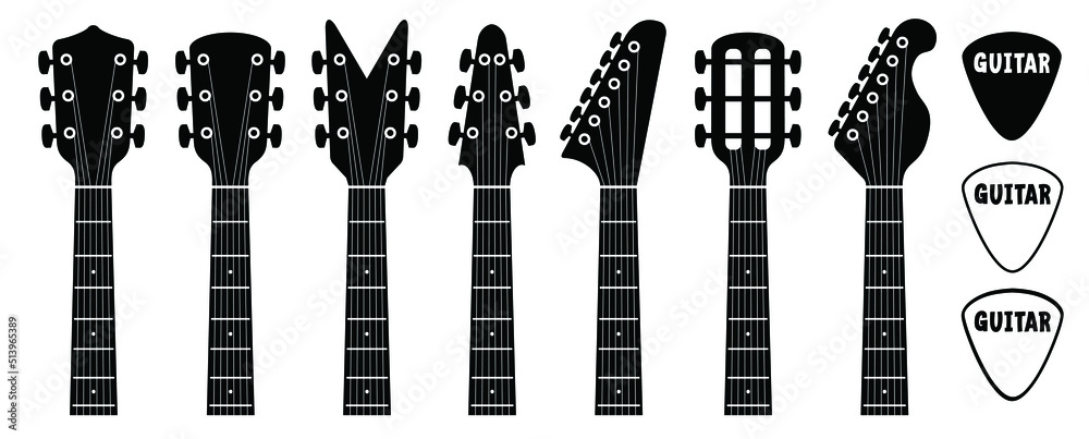 Cartoon electric, guitars headstock and guitar pick. Rock music guitar  necks or head silhouette Vector icon or logo. Musical, acoustic  entertainment. Guitar head symbol. Bass Guitar, Headstock  Stock-Vektorgrafik | Adobe Stock